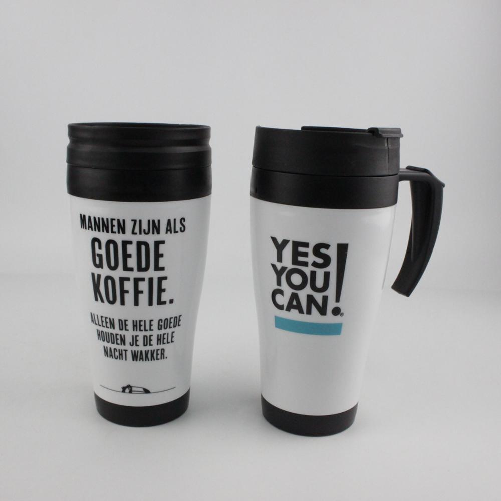 fashionable double wall plastic travel mug with handle and paper insert fashionable double wall plastic travel mug with handle and paper insert